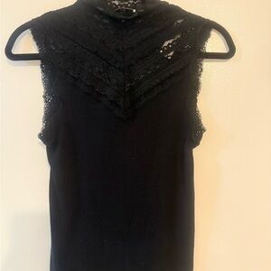 Uterque Black Sleeveless Tank Top with Lace Detail